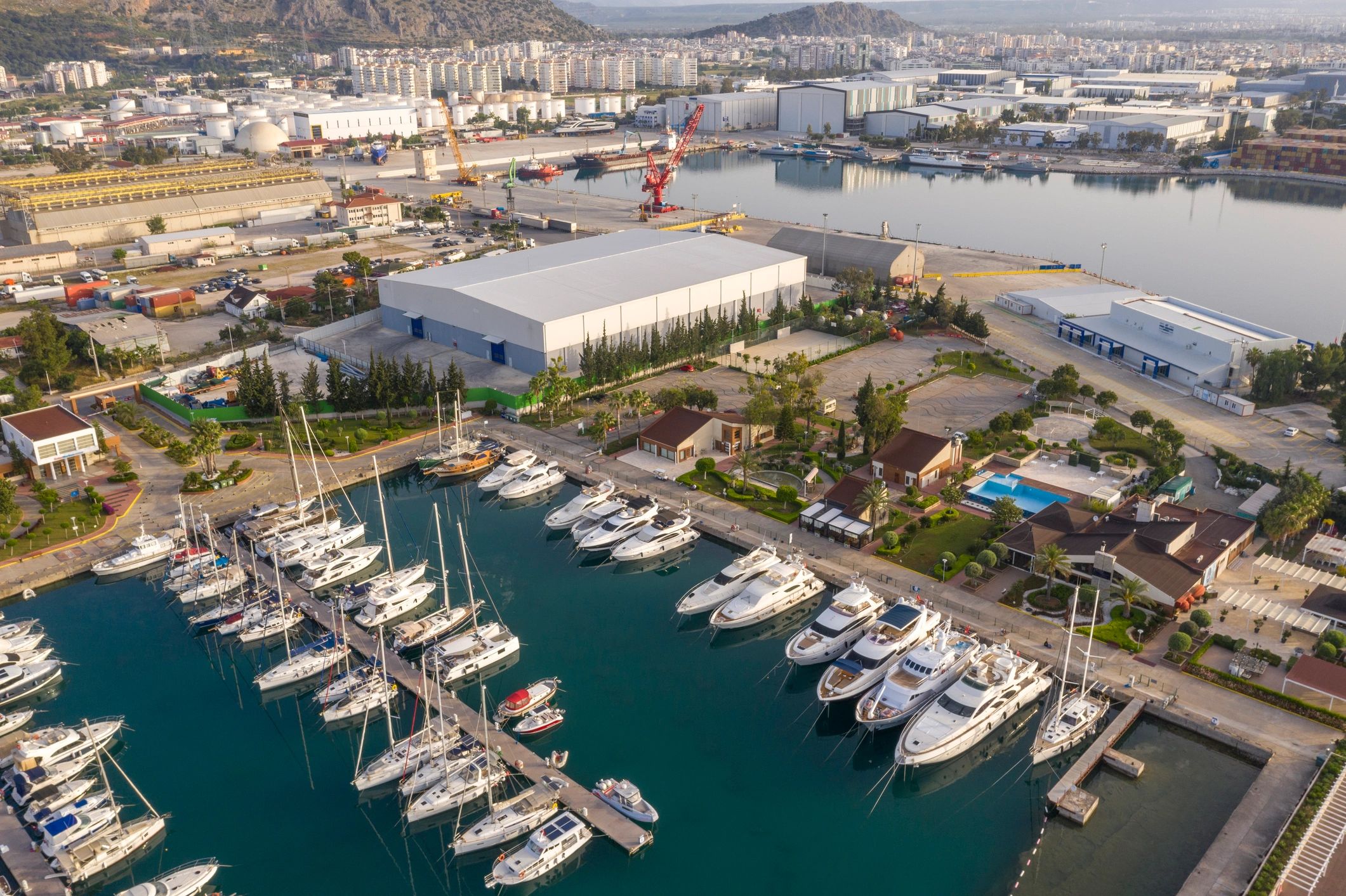Aerial view of a yacht marina