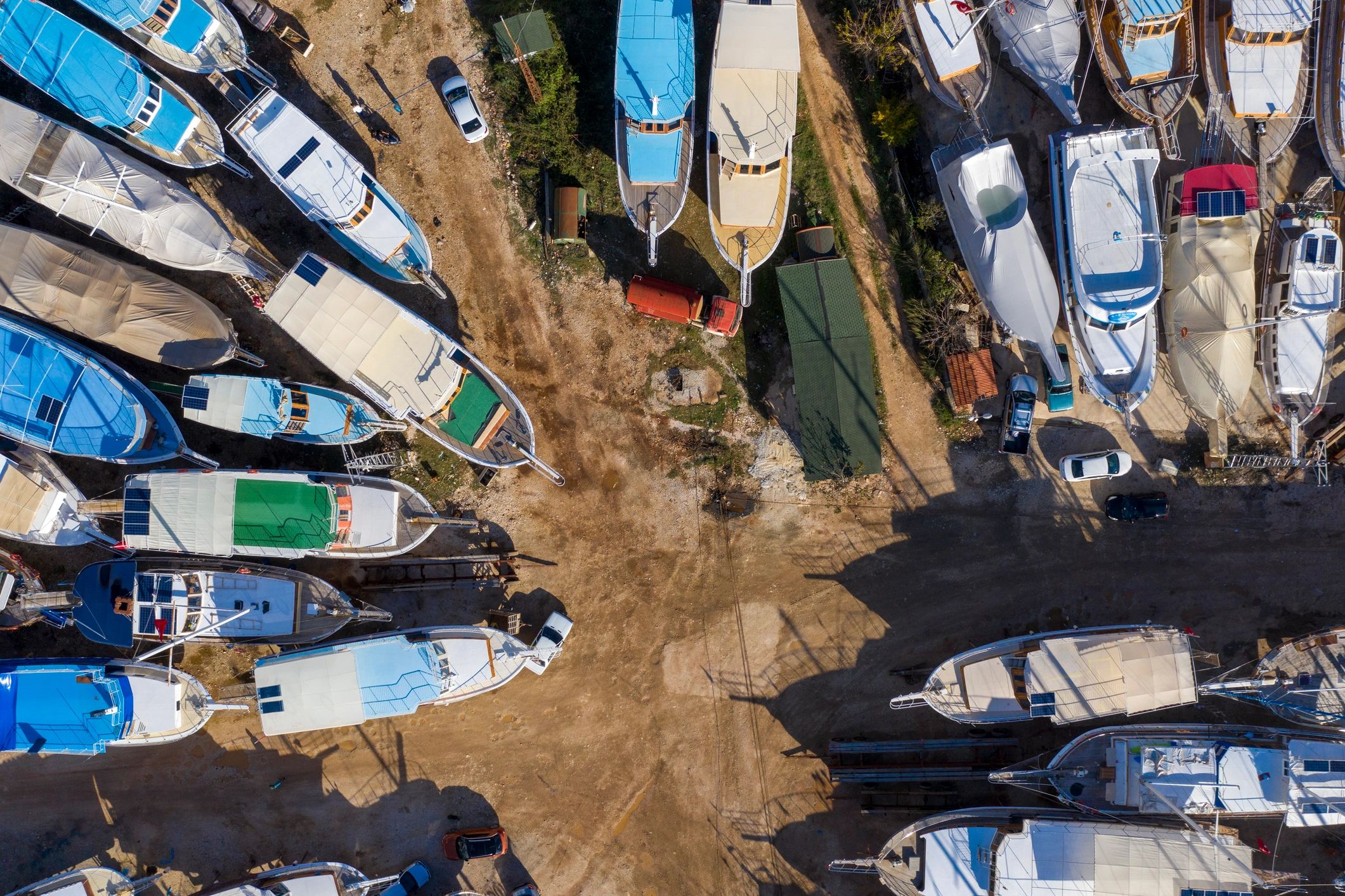 Aerial view of vessels at a shipyard